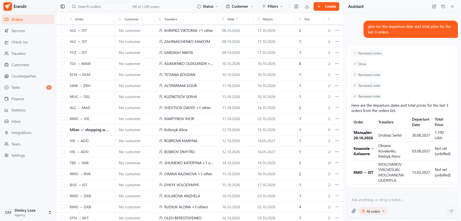 Erandir - every order with its travelers, dates and status in one list